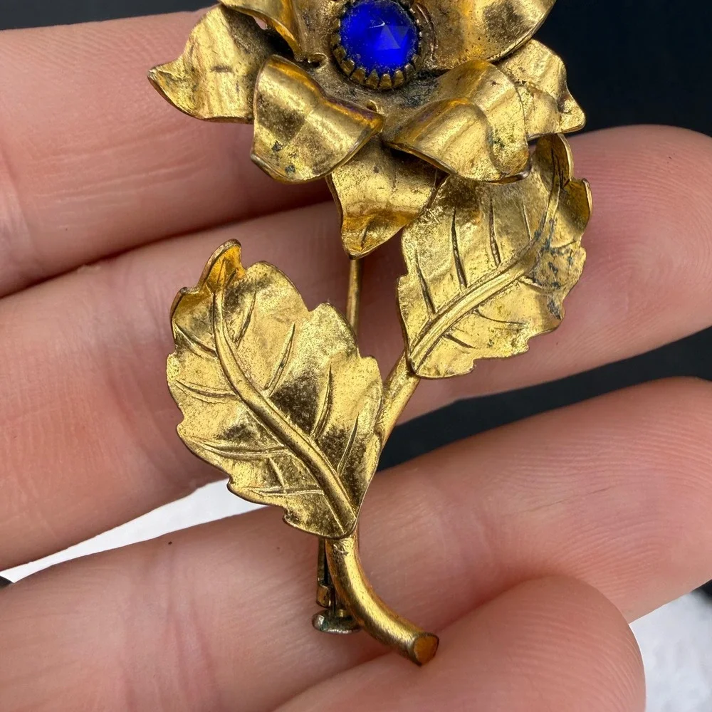 Vintage Swiss Made Flower Brooch Gold Blue Rhinestone Floral Pin Women